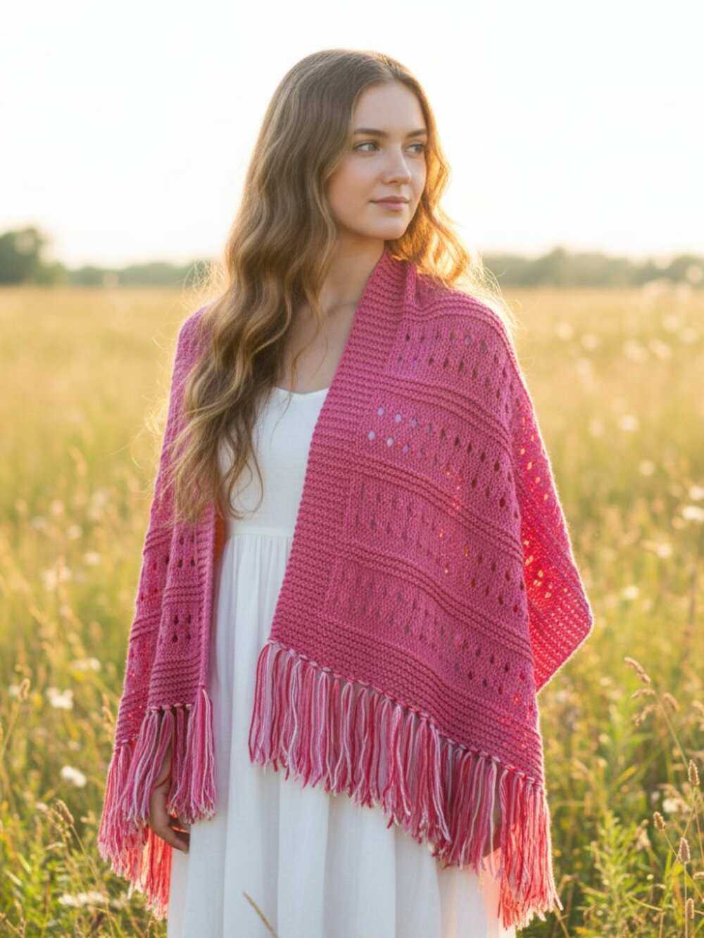NEW Pink Eyelet Hand Knitted Shawl‎ Wrap Scarf Boho Hippie Cottage Coquette Chic